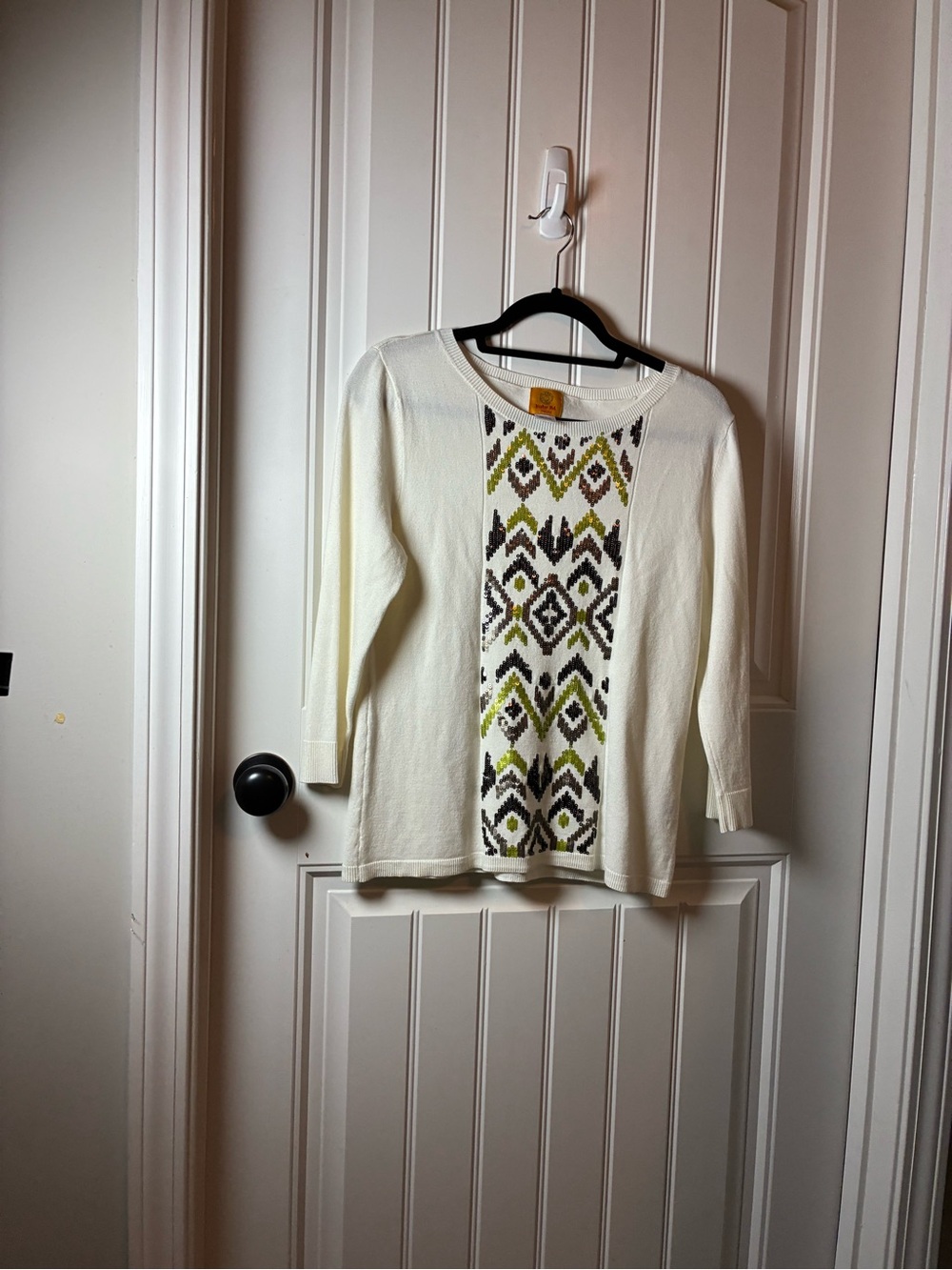 Ruby Rd. Cream Long Sleeve Sweater with Green and Charcoal Pattern